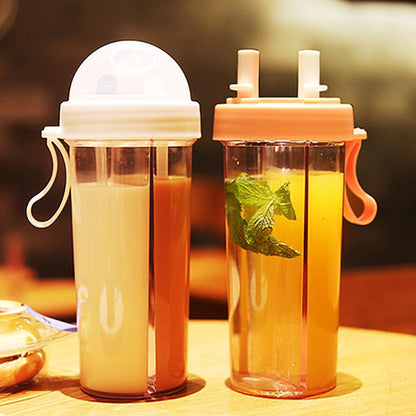 Portable Dual Straw Separate Drink Water Bottle Couples