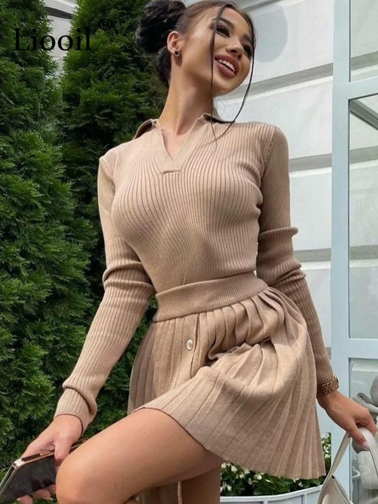 Knitted Suit with Skirt Women Solid Autumn Mini Skirt