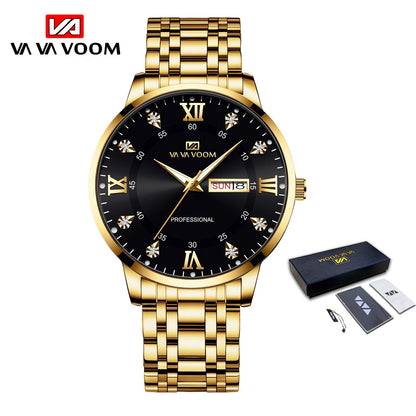 Waterproof Luminous Date Day Stainless Steel Quartz Watch