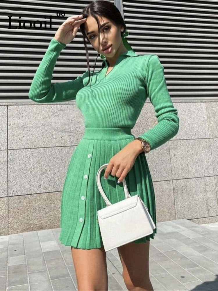 Knitted Suit with Skirt Women Solid Autumn Mini Skirt