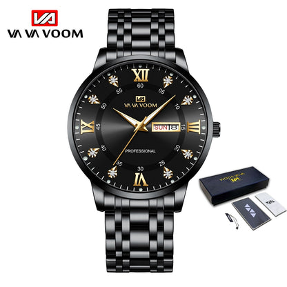 Waterproof Luminous Date Day Stainless Steel Quartz Watch